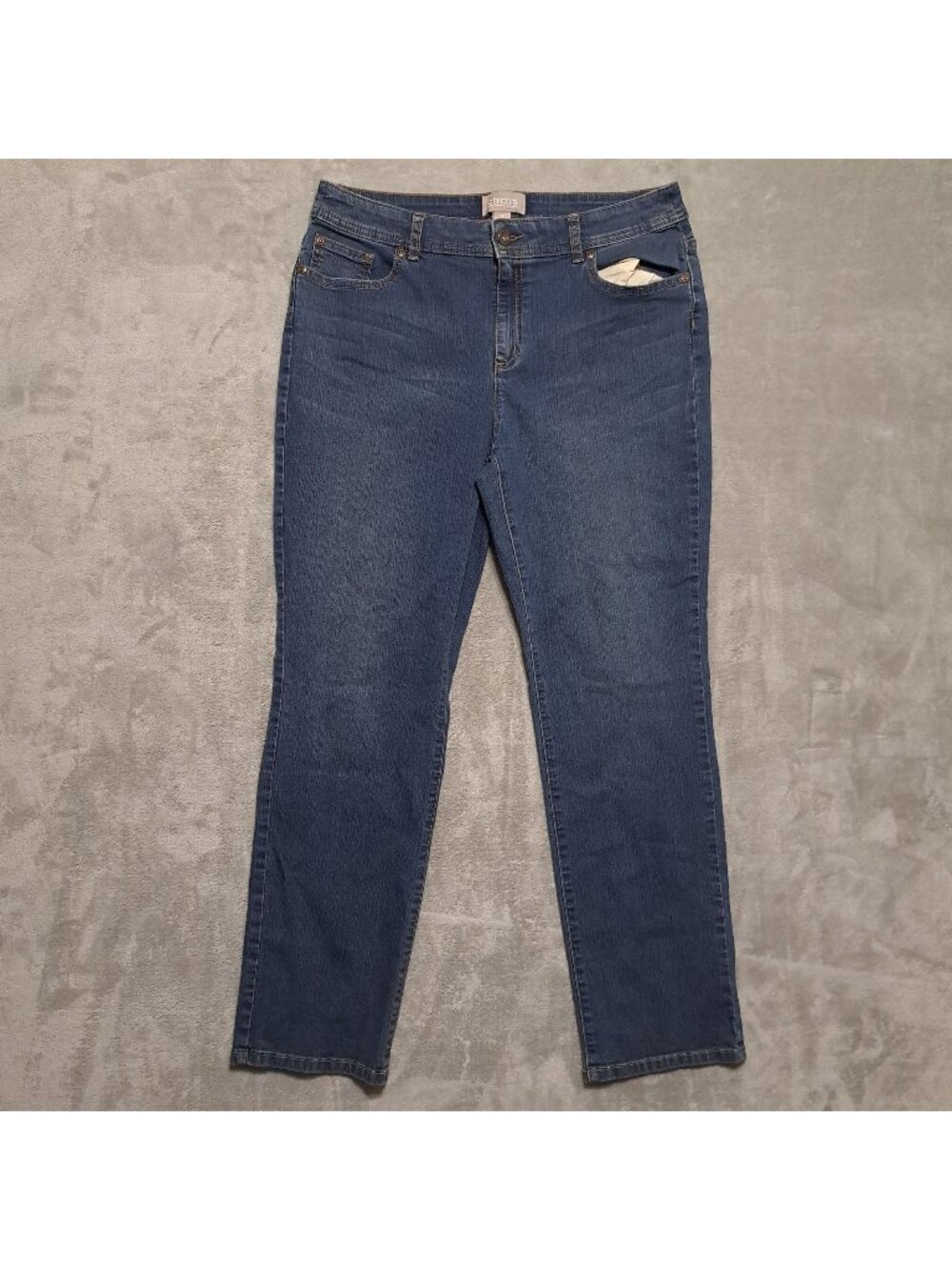 Chicos Size 1 Short Blue Denim Straight Leg Jeans Stretch Mid Rise Stretch